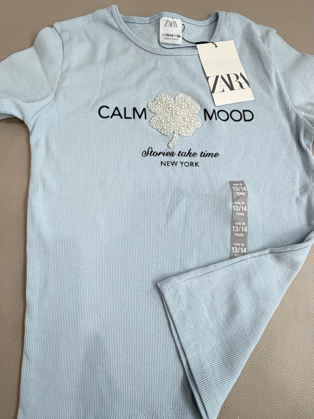Zara Light Blue Short Sleeve Tee with Beaded Flower